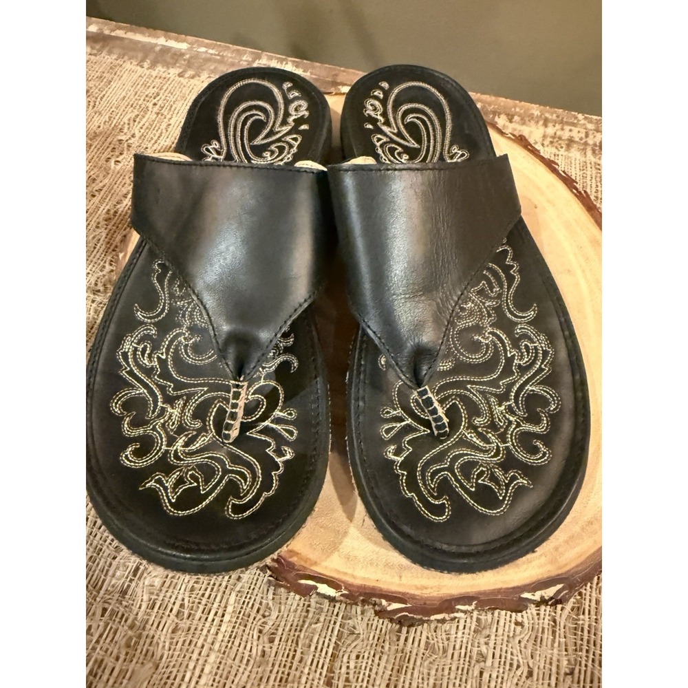 Olukai Sandals Womens 8 Black Paniolo Lipi Thong Leather Flip Flops Detailed
